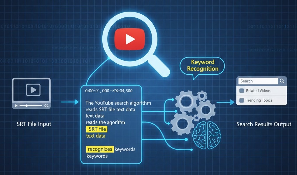 YouTubeの検索アルゴリズムがSRTファイルのテキストデータを読み取り、キーワードを認識しているイメージ図