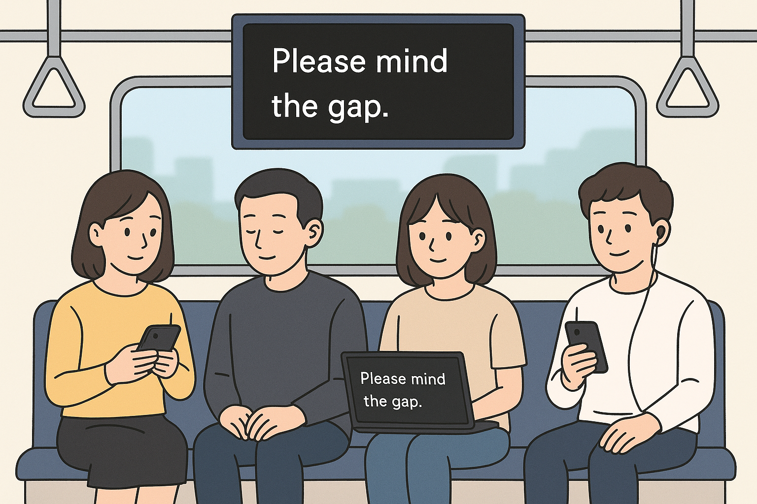 電車内での視聴、聴覚障がいを持つ方、言語学習中の学生など、様々な人が字幕を活用しているイラスト